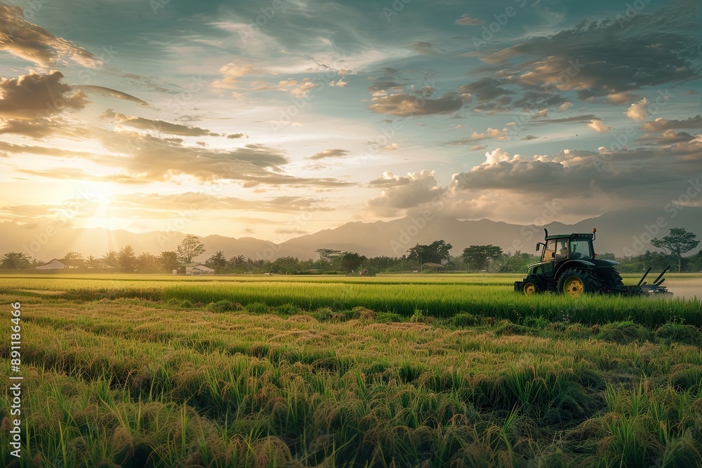 Fototapeta premium Tractor Plowing Paddy Field Under Cloudy Sky