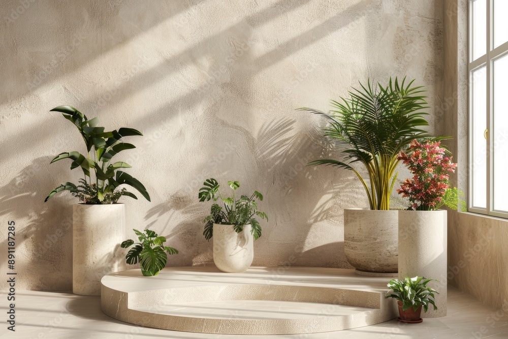 Naturalism Podium with Plants - 3d rendering - generative ai Naturalism Podium with Plants - 3d rendering - generative ai