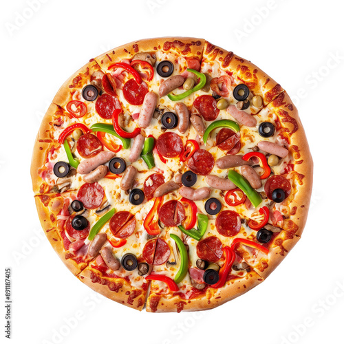 a pizza with different toppings and the bottom half of it on transparent background photo