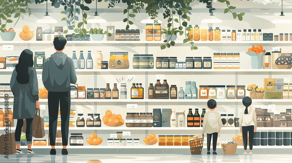 Obraz premium vector, illustration, flat, Family shopping. A vector illustration of people in a store shopping, handwritten drawings in the supermarket and in the mall
