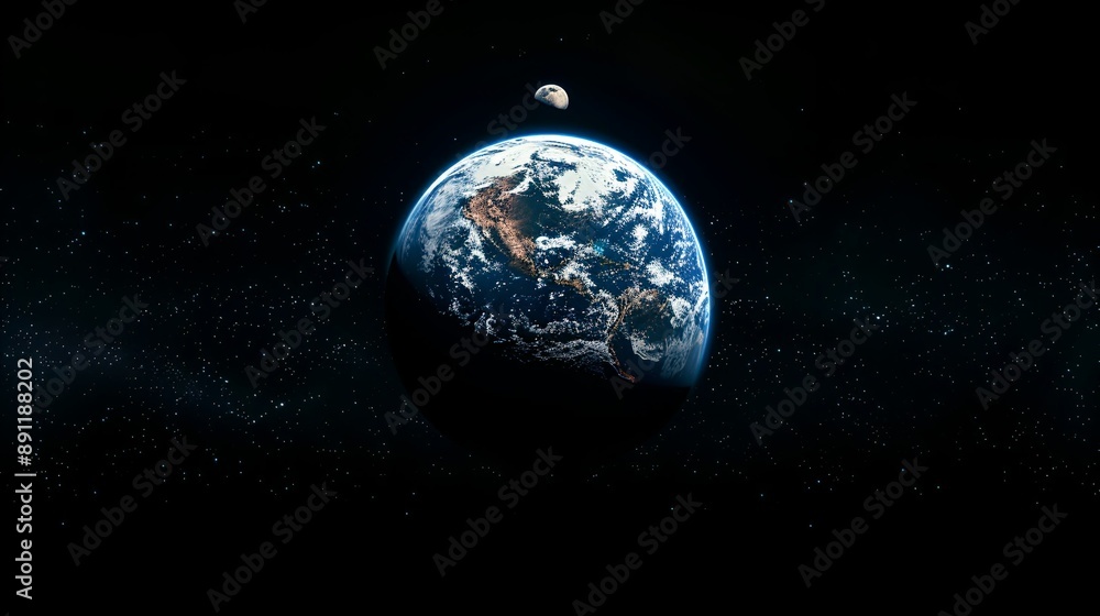 Naklejka premium A breathtaking view of Earth and its moon from space, surrounded by countless stars.