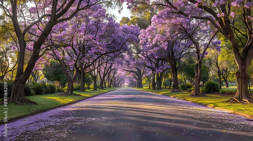 A serene avenue lined with blooming jacaranda trees, their purple petals carpeting the road beneath a canopy of branches. A serene avenue lined with blooming jacaranda trees, their purple petals carpeting the road beneath a canopy of branches.