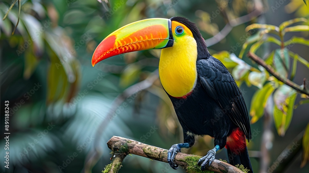 Naklejka premium A colorful toucan perched on a branch, surrounded by lush tropical foliage.