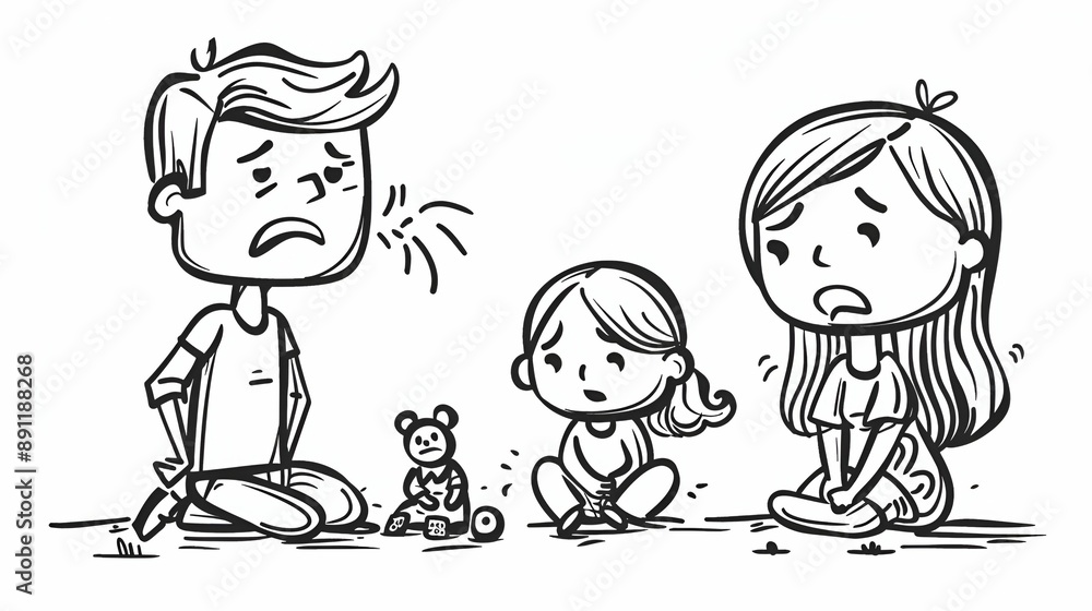 A black and white cartoon illustration of three children sitting on the ground, all looking worried, with a teddy bear and a toy in front of them. A black and white cartoon illustration of three children sitting on the ground, all looking worried, with a teddy bear and a toy in front of them.