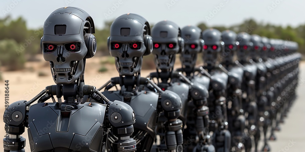Group of robots with red eyes in a row. 3d rendering Group of robots with red eyes in a row. 3d rendering
