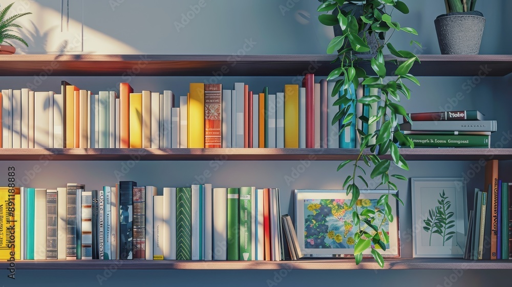Colorful books and green plants on wooden shelves in a well-lit room, creating a cozy and inviting atmosphere for readers and book lovers. Colorful books and green plants on wooden shelves in a well-lit room, creating a cozy and inviting atmosphere for readers and book lovers.
