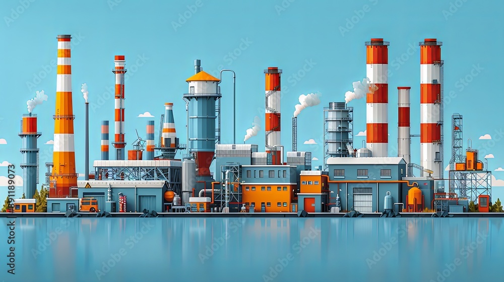 Obraz premium vector, illustration, flat, Factory industry manufactory power electricity buildings flat icons set isolated. Urban factory plant landscape vector illustration