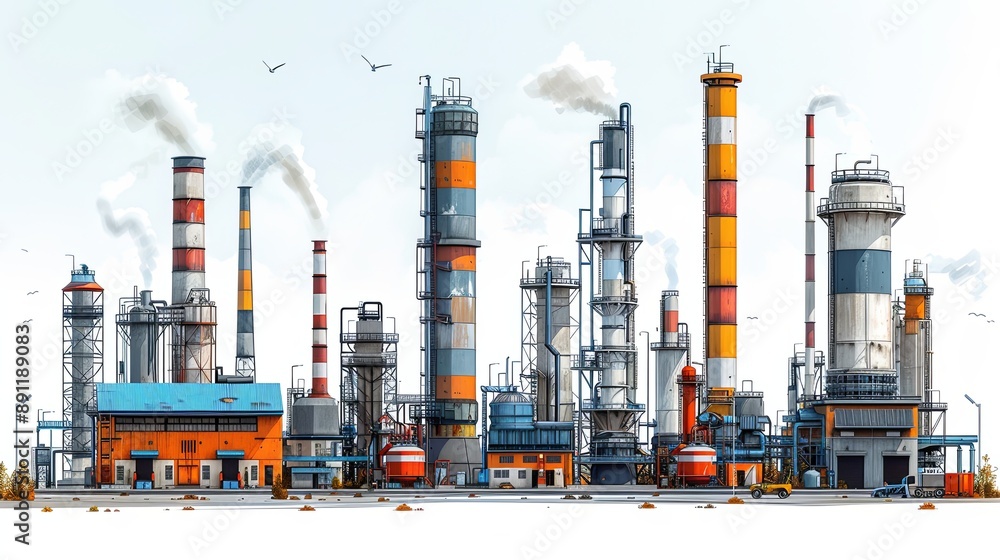 Obraz premium vector, illustration, flat, Factory industry manufactory power electricity buildings flat icons set isolated. Urban factory plant landscape vector illustration