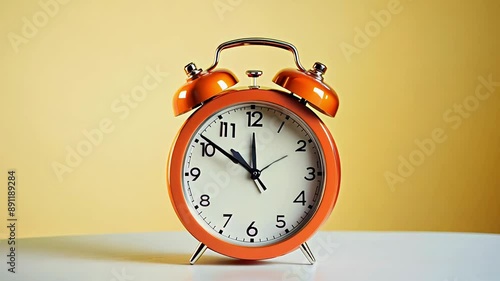 An orange alarm clock with running arrows stands on the table and rings loudly on a yellow background.