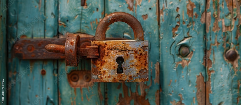 Rusty Padlock on a Weathered Wooden Door Rusty Padlock on a Weathered Wooden Door