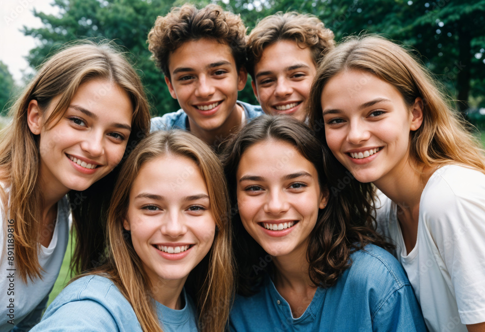 Obraz premium 13071215 05 5. A group of friends taking a selfie together, smiling brightly. Sharp Focus, High-resolution photograph