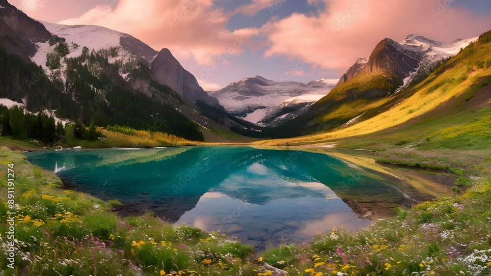 A panoramic view of a high mountain meadow, with majestic snow-capped peaks in the distance and a tranquil,crystal-clear lake at the foreground A panoramic view of a high mountain meadow, with majestic snow-capped peaks in the distance and a tranquil,crystal-clear lake at the foreground