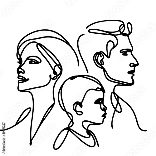 Linear Sketch of a Man, Woman, and Child on Clean White Background. Detailed Facial Features and Minimalist Lines for Family-Themed Artistic Projects. Helping to Capture the Essence of Family Bonds 