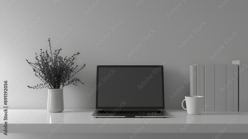 Cropped shot of practical workplace with mock up laptop, coffee cup, office supplies and decorations on white table with white wall background,Open blank screen laptop computer in minimal workplace Cropped shot of practical workplace with mock up laptop, coffee cup, office supplies and decorations on white table with white wall background,Open blank screen laptop computer in minimal workplace