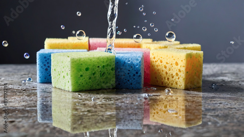 Colorful dish sponges with water droplets, highlighting cleanliness and the efficiency of household cleaning tools.