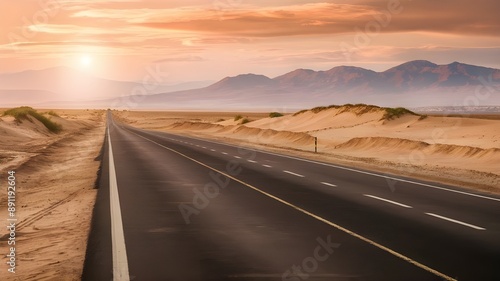 An empty asphalt road stretching into the distant horizon, framed by the vast, sun-drenched desert