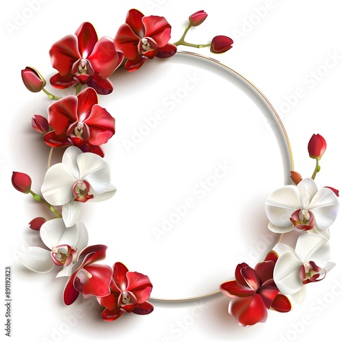 Red and White Orchid Floral Frame. Blank space for text, and copy-paste. The Template is ready to use. This design is suitable for greeting and invitation cards.