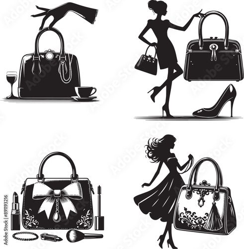 black and white silhouette of a Women hand carrying bag logo hand drawn icon. Luxury girl accessories badge design illustration.