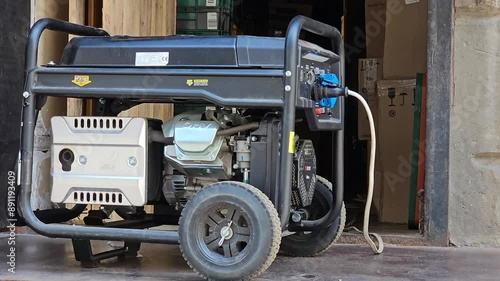 A working power generator is placed on the sidewalk. Outdoor diesel electric generator in Ukraine.