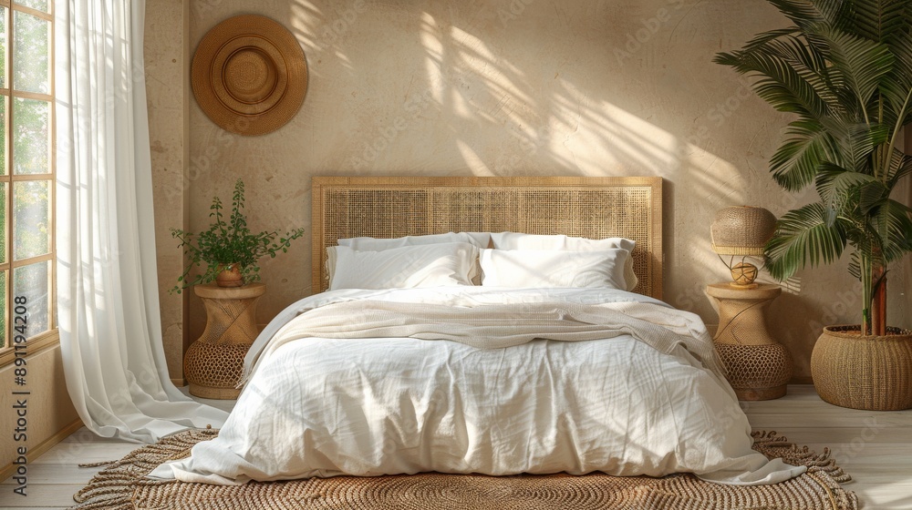 Background featuring a cozy, bohemian bedroom with a modern white wall, wooden furniture, and natural decor elements creates a chic and inviting atmosphere Background featuring a cozy, bohemian bedroom with a modern white wall, wooden furniture, and natural decor elements creates a chic and inviting atmosphere