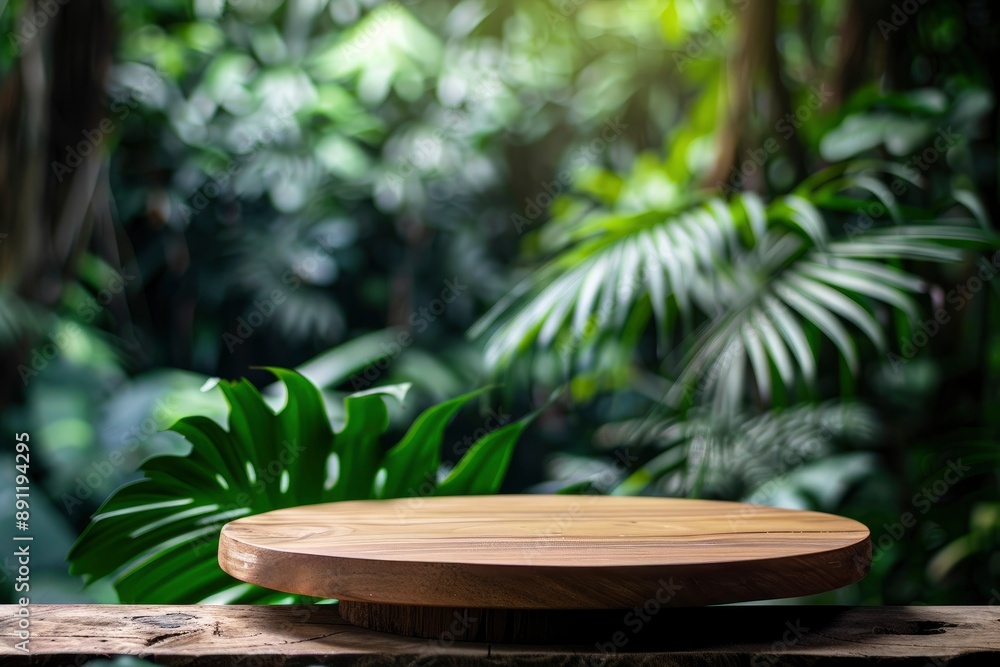 Table top wood counter floor podium in nature outdoors tropical forest garden blurred green jungle plant background.natural product present placement pedestal stand display,spring - generative ai Table top wood counter floor podium in nature outdoors tropical forest garden blurred green jungle plant background.natural product present placement pedestal stand display,spring - generative ai