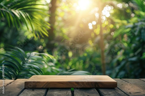 Table top wood counter floor podium in nature outdoors tropical forest garden blurred green jungle plant background.natural product present placement pedestal stand display,spring - generative ai © Nia™