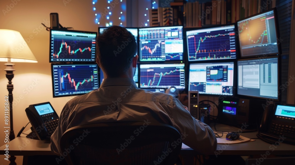 Male financial analyst working on multi monitor Male financial analyst working on multi monitor