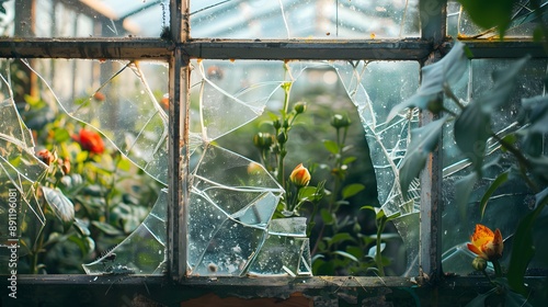 Broken Greenhouse Window: A broken glass pane in a greenhouse, with plants and flowers visible through the cracks.
