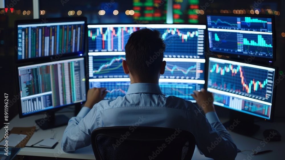 Male financial analyst working on multi monitor Male financial analyst working on multi monitor