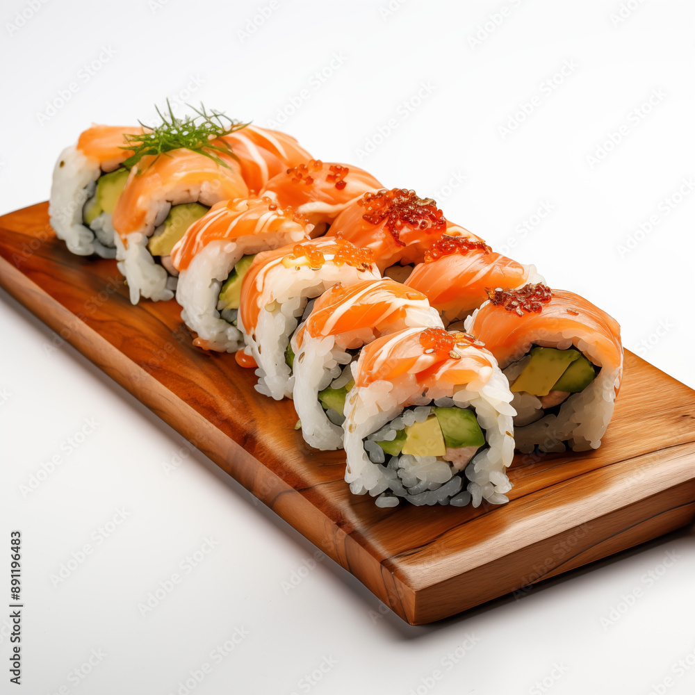 Wooden desk with different kinds of sushi isolated on white background. Photo for restaurant menu, advertising, delivery, banner Wooden desk with different kinds of sushi isolated on white background. Photo for restaurant menu, advertising, delivery, banner