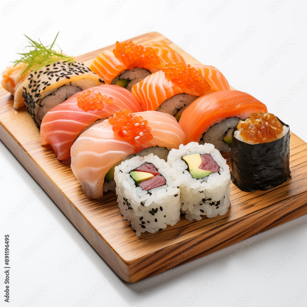Wooden desk with different kinds of sushi isolated on white background. Photo for restaurant menu, advertising, delivery, banner Wooden desk with different kinds of sushi isolated on white background. Photo for restaurant menu, advertising, delivery, banner