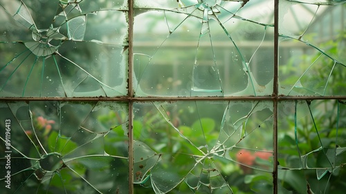 Broken Greenhouse Window: A broken glass pane in a greenhouse, with plants and flowers visible through the cracks.
