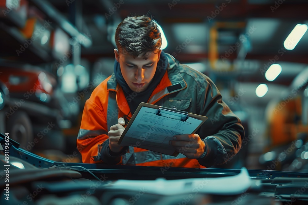 Mechanic Conducting a Detailed Inspection in a Busy Auto Repair Shop Mechanic Conducting a Detailed Inspection in a Busy Auto Repair Shop