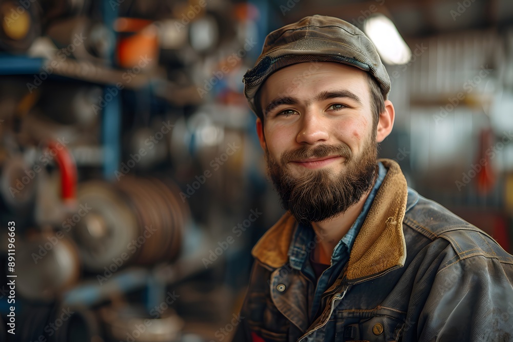 Smiling Man in a Workshop Wearing a Cap and Denim Jacket Smiling Man in a Workshop Wearing a Cap and Denim Jacket
