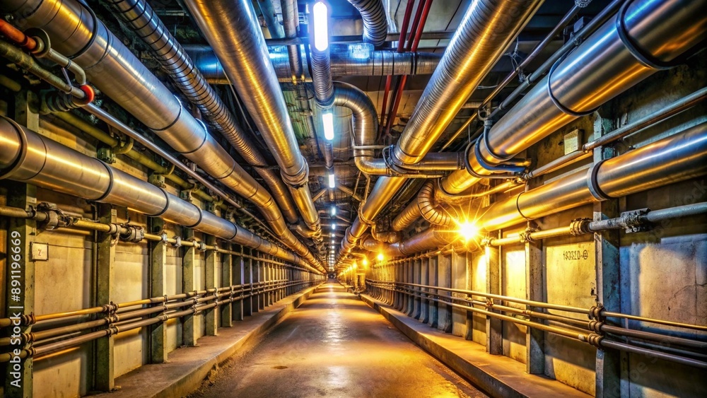 Industrial service tunnel with exposed pipes and cables running along the walls, harsh fluorescent lights creating stark contrasts. Industrial service tunnel with exposed pipes and cables running along the walls, harsh fluorescent lights creating stark contrasts.