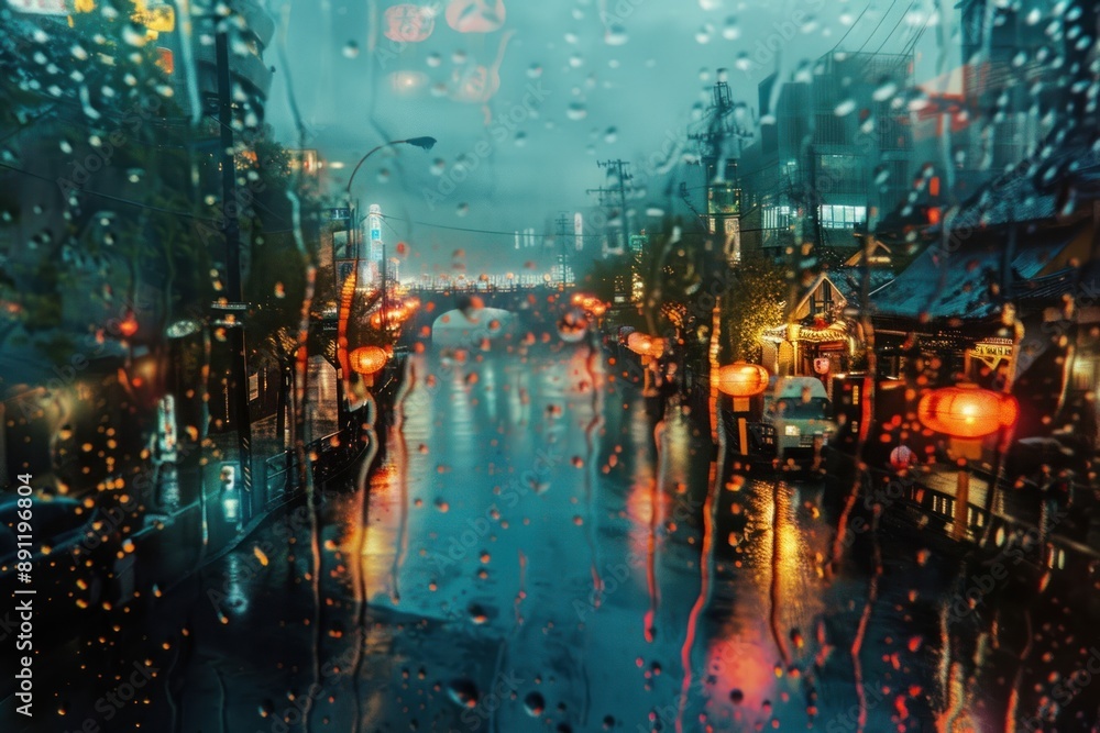 Fototapeta premium Rain scene with japanese city architecture outdoors vehicle.