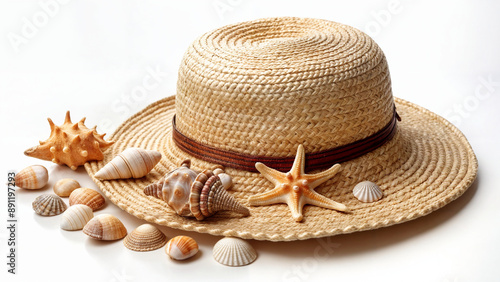 straw, hat, shells, starfish, resort, beach, heat, sun