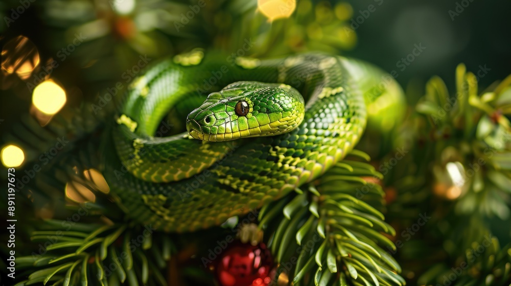Fototapeta premium A green snake, adorned with a bright yellow stripe, rests on a Christmas tree branch, its head tilted slightly, watching the scene unfold