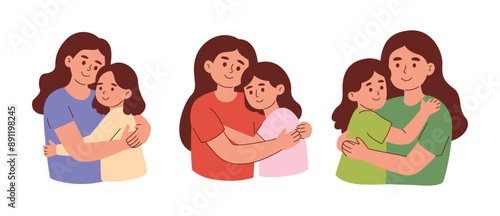 Mother Hug His Daughter, Older Sister Hug His Younger Sister, Parenting Concept