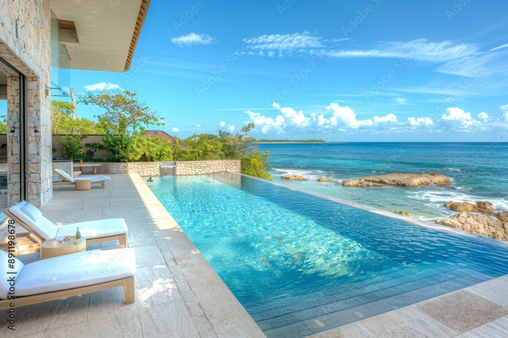 Fototapeta premium Luxurious island retreats with infinity pools, gourmet dining for discerning travelers
