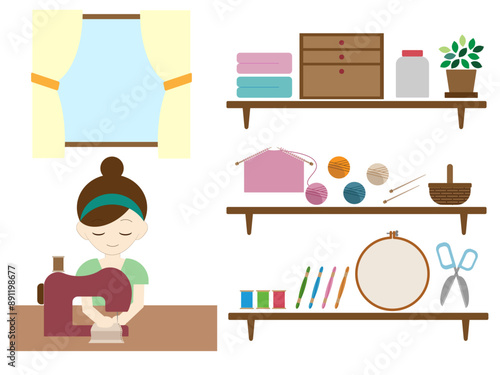 裁縫道具と裁縫中の人のイラスト