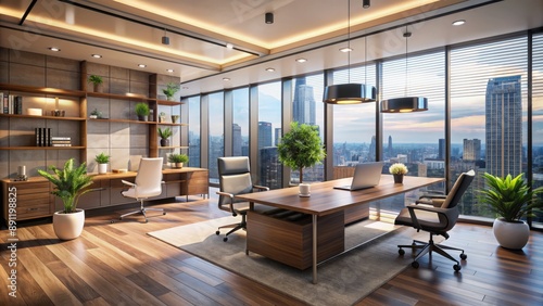 Wallpaper Mural Modern office interior with panoramic windows and beautiful lighting features a blurred background, sleek lines, and contemporary decor, exuding a sense of professionalism and calm. Torontodigital.ca