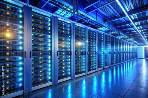 A tidy server room with rows of humming servers and data storage systems, illuminated by soft blue lights, showcasing cutting-edge technology and connectivity infrastructure.