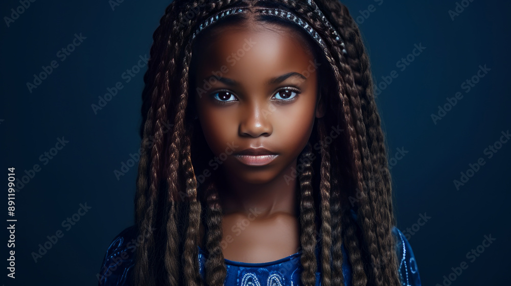 Portrait of smiling cute African American child girl with perfect skin, dark blue background, banner. Portrait of smiling cute African American child girl with perfect skin, dark blue background, banner.