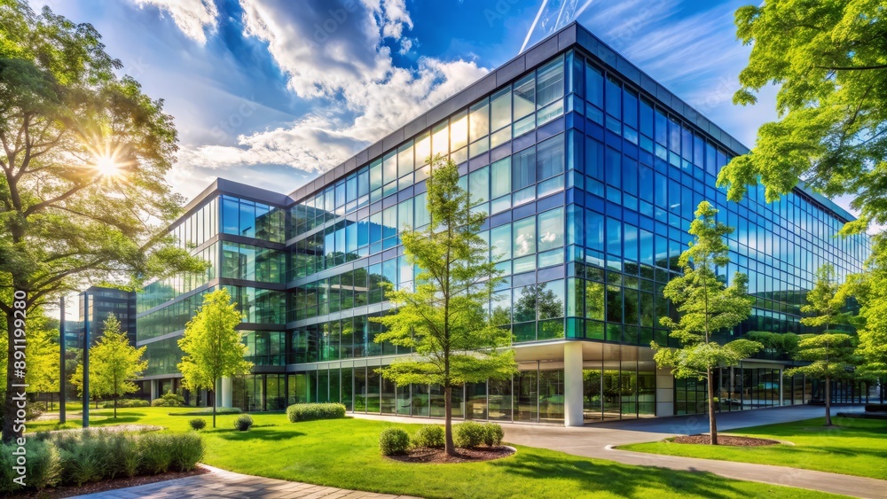 Modern glass-fronted office building rises behind lush green trees, symbolizing harmony between nature and industry, conveying financial prosperity and corporate achievement. Modern glass-fronted office building rises behind lush green trees, symbolizing harmony between nature and industry, conveying financial prosperity and corporate achievement.
