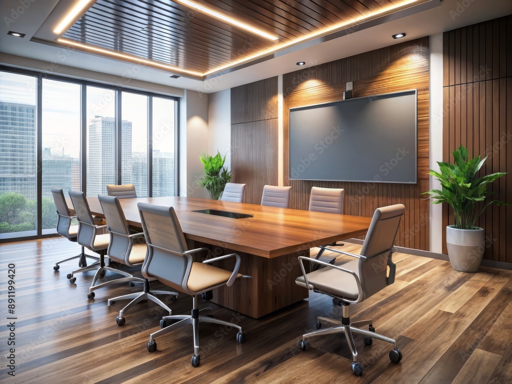 Modern conference room with sleek wooden table, chairs, and blank screen on wall, awaiting important business presentations and collaboration. Modern conference room with sleek wooden table, chairs, and blank screen on wall, awaiting important business presentations and collaboration.