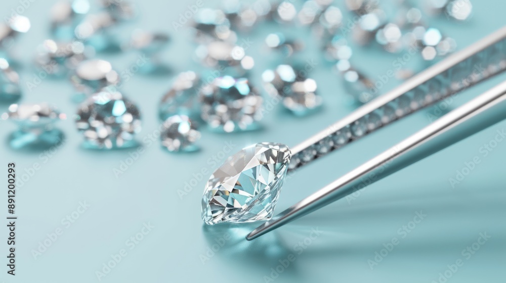 Diamond in tweezers on a blue background with diamonds group soft focusing, 3d rendering. --ar Diamond in tweezers on a blue background with diamonds group soft focusing, 3d rendering. --ar
