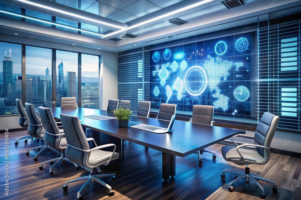 Modern conference room with futuristic dashboard, interactive screens, and virtual reality goggles, showcasing cutting-edge digital tools for data-driven business strategy and investment planning. Modern conference room with futuristic dashboard, interactive screens, and virtual reality goggles, showcasing cutting-edge digital tools for data-driven business strategy and investment planning.