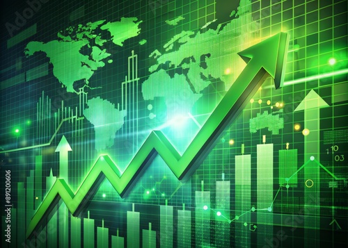 Wallpaper Mural Vibrant green arrows and trending lines propel upward on a dynamic chart, surrounded by gleaming financial icons, conveying thriving stock market investment and economic prosperity. Torontodigital.ca