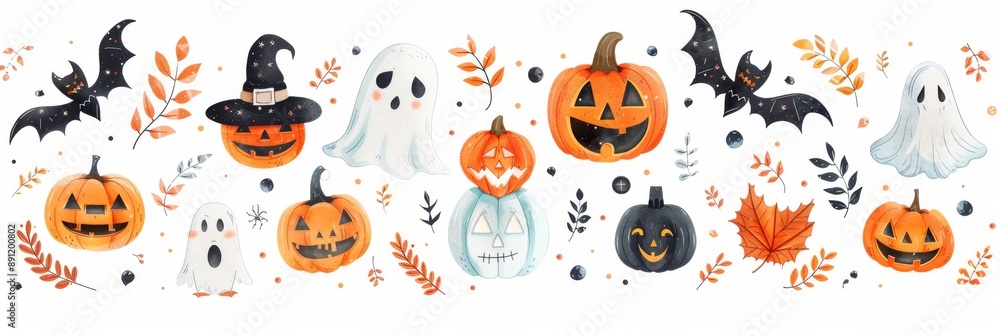 Fototapeta premium Vibrant Collection of Rhinestone Halloween Stickers Featuring Glittery Pumpkins, Bats, and Spiders on a Stark White Background